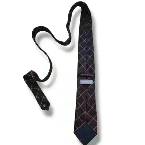 Michael Kors Randy Grid Plaid Maroon Tie Neck Workwear Casual Formal #150 - Picture 3 of 6